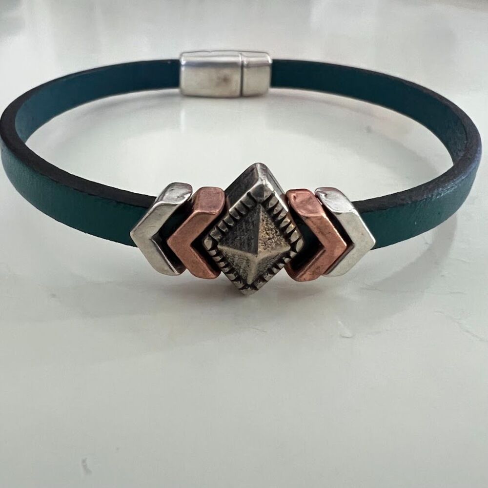 Cindy Shafer Bracelet Silver and Brass Accents on Green Leather Strap